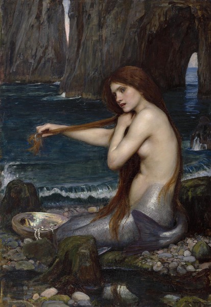 John William Waterhouse, A Mermaid, 1900 (oil on canvas) (Malerei, Mythologie, Meerjungfrau, Akt, nackt, Fantasie, Märchen, Schönheit, Meer, Grotte, Symbolismus, Klassiker, Präraffaeliten, Wohnzimmer, Wunschgröße, bunt)