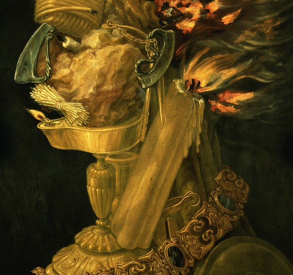 Giuseppe Arcimboldo, Fire, 1566 (oil on wood) (detail of 66136) (Wunschgröße, Gesicht, Portrait,  Feuer, Elemente, Flammen, Personifizierung, bizarr, Manierismus, Allegorie, Figurativ, Klassiker, Wohnzimmer,  bunt)