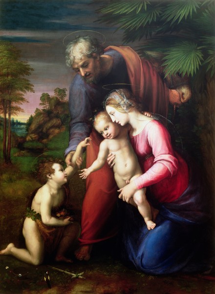 Sanzio of Urbino Raphael, Holy Family with John the Baptist, 1513/14 (Heilige Familie, Johannes der Täufer, Religion, christlich, Gruppenbild, Raffael, Hohrenaissance, Malerei, Klassiker, Wunschgröße, Schlafzimmer, Wohnzimmer, bunt)