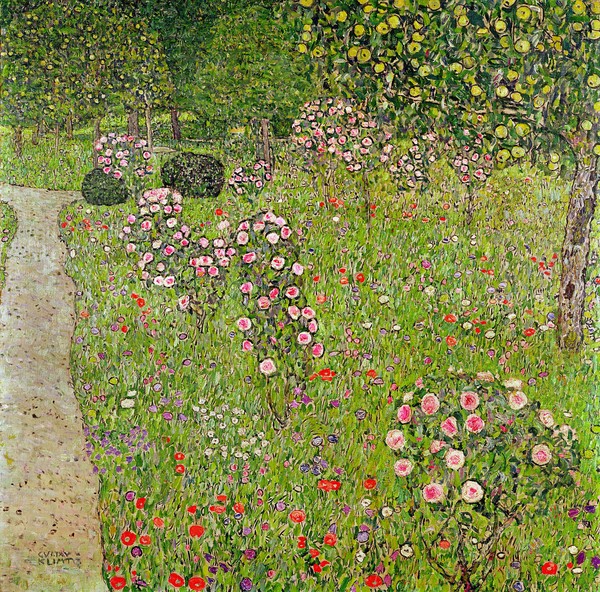 Digitaldruck, Gustav Klimt, Orchard with roses (Obstgarten mit Rosen) (Klassische Moderne, Jugendstil, Blütenpracht, Rosengarten, Blumen, Blumengarten, Apfelbäume, Wohnzimmer, Treppenhaus, Schlafzimmer, Wintergarten, Malerei, Wunschgröße)