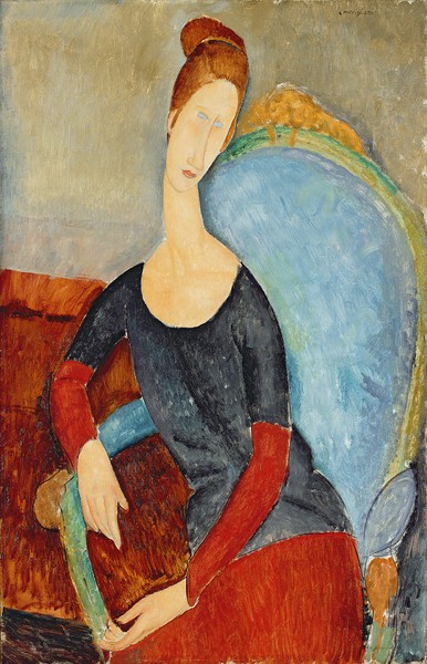 Amedeo Modigliani, Mme Hebuterne in a Blue Chair, 1918 (oil on canvas) (Portrait, Gesicht, Sitzende, Frau, blauer Sessel, Expressionismus, klassische Moderne, Malerei, Wohnzimmer, Treppenhaus, Wunschgröße, bunt)