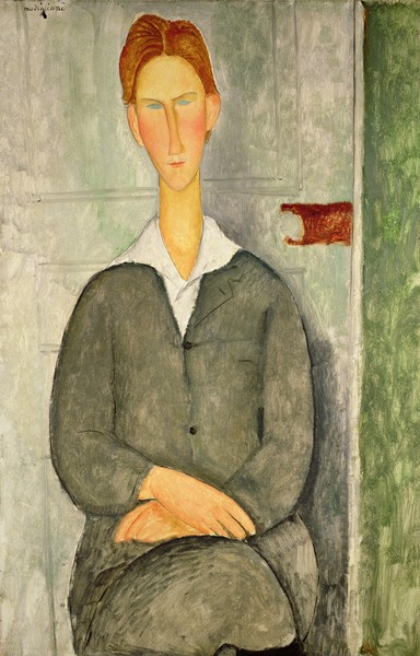 Amedeo Modigliani, Young boy with red hair, 1906 (oil on canvas) (Portrait, Junge, Knabe, sitzend, Anzug, Expressionismus, klassische Moderne, Malerei, Wohnzimmer, Treppenhaus, Wunschgröße, bunt)