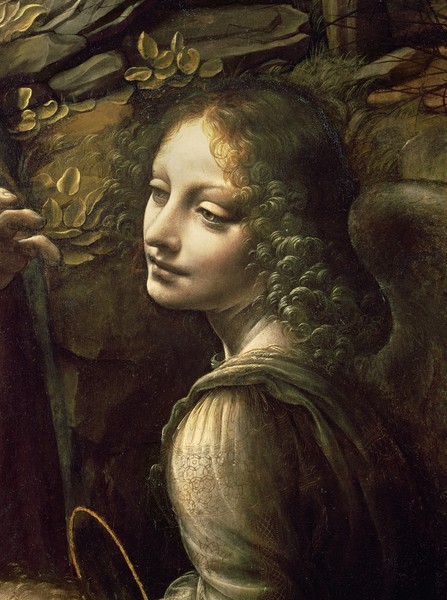 Leonardo da Vinci, Detail of the Angel, from The Virgin of the Rocks (The Virgin with the Infant St. John adoring the Infant Christ accompanied by an Angel), c.1508 (oil on panel) (Wunschgröße, Klassiker, Renaissance, Malerei, Jungfrau in der Felsengrotte, Erzengel, Uriel, Religiös, Landschaft, Felsen, Felsengrotte, Detail, Schlafzimmer, Wohnzimmer, Klassiker, bunt)