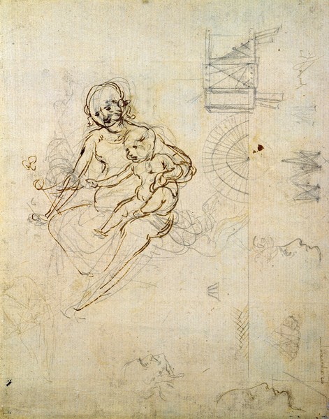 Leonardo da Vinci, Studies for a Virgin and Child and of Heads in Profile and Machines, c.1478-80 (pencil and ink on paper)