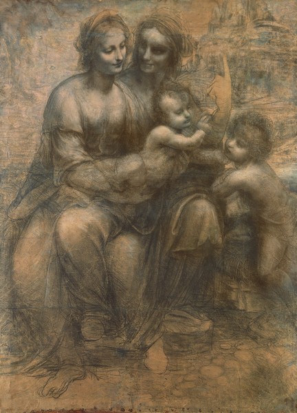 Leonardo da Vinci, The Virgin and Child with Saint Anne, and the Infant Saint John the Baptist, c.1499-1500 (charcoal heightened with white chalk on paper, mounted on canvas)