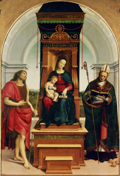 Raphael, The Madonna and Child with St. John the Baptist and St. Nicholas of Bari, 1505 (oil on panel) (Sacra Conversazione, Maria,  Jesus, Johannes der Täufer, Heiliger Nikolaus, Christlich, Religion, Renaissance, Malerei, Klassiker, Wunschgröße, Wohnzimmer, bunt)