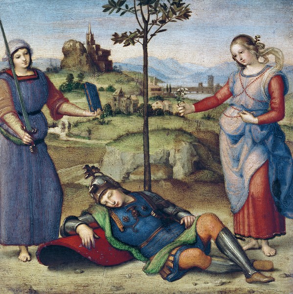 Raphael, Vision of a Knight, c.1504 (oil on poplar) (Landschaft, schlafender Ritter, Vision, Renaissance, Malerei, Klassiker, Wunschgröße, Wohnzimmer, bunt)