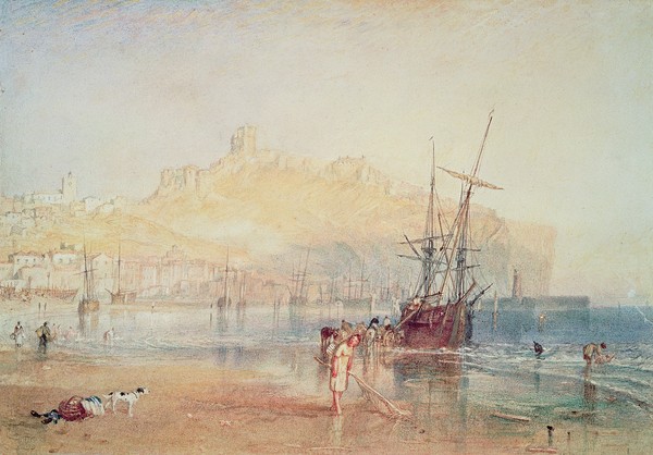 Joseph Mallord William Turner, Scarborough, 1825 (watercolour) (Strand, Sommer, Badende, Segelschiff, England, Küstenstadt, Romantik, Freilichtmalerei, Klassiker, Wohnzimmer, Wunschgröße, bunt)