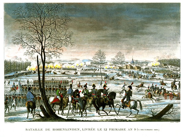 Louis Francois Couche, The Battle of Hohenlinden, 12 Frimaire, Year 9 (3 December 1800) engraved by Edme Bovinet (1767-1832) (aquatint) (Kriegsbild, Vedute, Schlacht von Hohenlinden, Historienbild, Österreich, Frankreich, Napoleon, Militär, Winter, Kanonen, Feuer, Drama, Malerei, Wunschgröße, bunt)