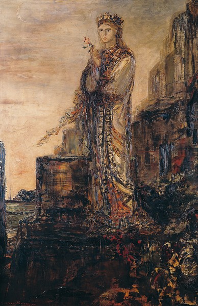 Gustave Moreau, Helen on the Ramparts of Troy (oil on canvas) (Festung,Mauern, Helena, Sage, Mythologie, Troja, mythisch, Symbolismus, Wohnzimmer, Wunschgröße, Klassiker, bunt)