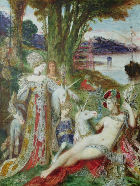 Gustave Moreau, The Unicorns (oil on canvas) (Einhörner, Fabelwesen, Mythos, mythisch, Frauen, Akt, Symbolismus, Wohnzimmer, Wunschgröße, Klassiker, bunt)