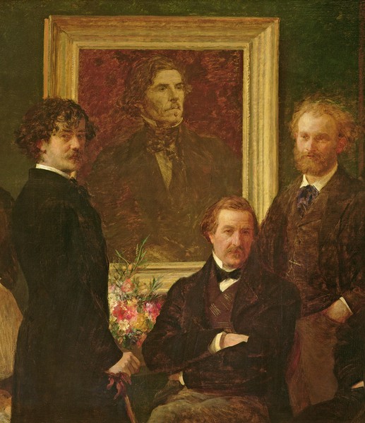 Ignace Henri Jean Fantin-Latour, Homage to Delacroix, 1864 (oil on canvas) (detail of 74954) (Gruppenbild, Portraits, Ehrung, Delacroix, Bild im Bild,  Künstler, Realismus, Malerei, Wohnzimmer, Wunschgröße, bunt)