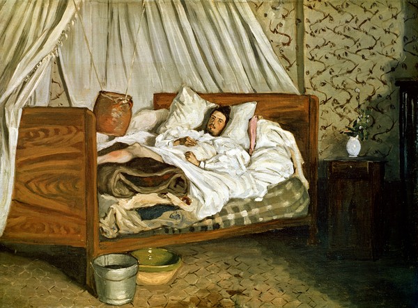 Jean Frederic Bazille, The Improvised Ambulance, The Painter Monet Wounded at Chailly-en-Biere, 1865 (oil on canvas) (Krankenbett, Künstler, Eduard Monet, Verletzung, Verwundet, Kreigsverletzung, Krankenlager, Ambulanz, realsitisch, Wohnzimmer, Wunschgröße, Malerei, bunt)