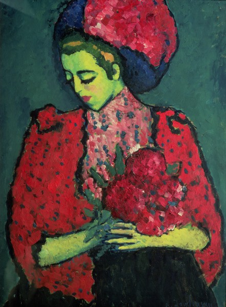 Alexej von Jawlensky, Young Girl with Peonies, 1909 (oil on canvas) (Klassische Moderne,  Expressionismus, Portrait, Mädchen, junges Mädchen, Hut, Pfingstrosen, Blumenstrauß, Malerei,  Wohnzimmer, Treppenhaus, Wunschgröße, bunt)