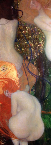 Gustav Klimt, Goldfish, 1901-02 (oil on canvas) (Klassische Moderne, Wasserwesen, Nixen, Frauen, Wasserwesen, Blick, kokett, Goldfisch, weiblich, dekorativ, Jugendstil, Erotik, sinnlich, Ornamente, Akt, nackt, bunt, Wohnzimmer, Schlafzimmer, Malerei, Wunschgröße)