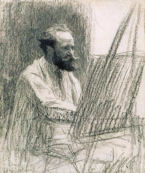 Leon Augustin Lhermitte, Portrait of Edouard Manet (1832-83) at his Easel (pencil on paper) (Portrait, Künstler, Staffelei, Zeichnung, Manet, Maler, Wohnzimmer, Treppenhaus, Wunschgröße, schwarz/weiß)