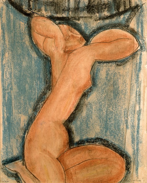 Amedeo Modigliani, Caryatid, 1911 (pastel on paper) (Akt, Aktzeichnung, Karyatide, Kanephore, Frau, Studie, Expressionismus, klassische Moderne, Malerei, Wohnzimmer,  Schlafzimmer, Wunschgröße, bunt)
