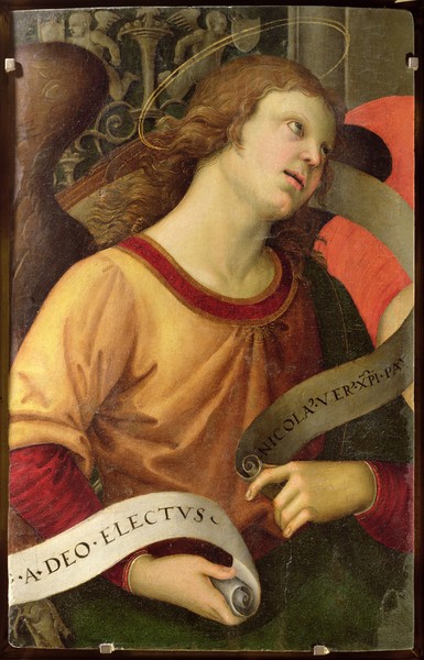 Raphael, Angel, from the polyptych of St. Nicolas of Tolentino, 1501 (oil on panel) (Engel, Spruchband, Detail, Renaissance, Malerei, Klassiker, Wunschgröße, Wohnzimmer, bunt)