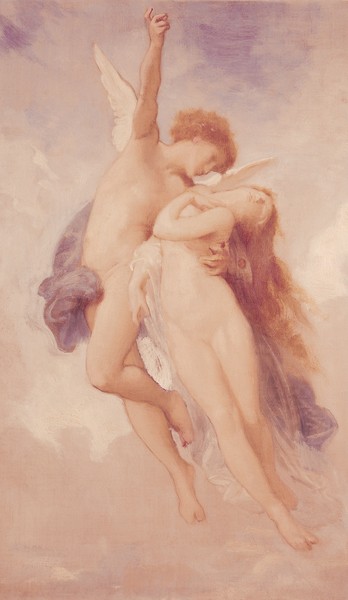 William-Adolphe Bouguereau, Cupid and Psyche, 1889 (oil on canvas) (Cupido, Amor, Psyche, Entführung, Mythologie, Akademischer Klassizismus, Wunschgröße, Malerei, Schlafzimmer, bunt)