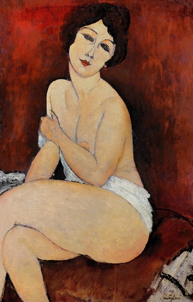 Amedeo Modigliani, Large Seated Nude (oil on canvas) (Akt, Aktmalerei, sitzender Akt, Frau,  Expressionismus, klassische Moderne, Malerei, Schlafzimmer, Wohnzimmer, Wunschgröße, bunt)