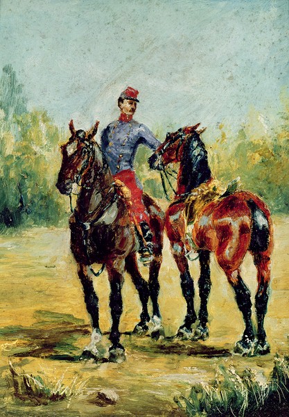 Henri de Toulouse-Lautrec, Two Horses and a Groom, 1880 (oil on canvas)