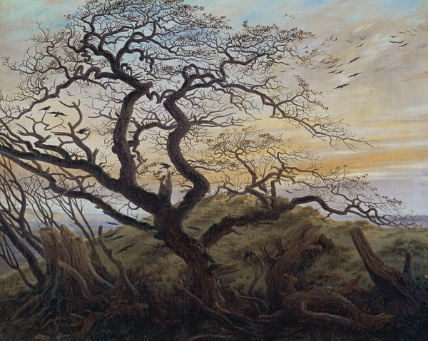 Caspar David Friedrich, The Tree of Crows, 1822 (oil on canvas) (Baum, knorrig, kahl, Krähen, Landschaft, düster, mystisch, Klassiker, Wohnzimmer, Malerei, Romantik,  Wunschgröße, bunt)