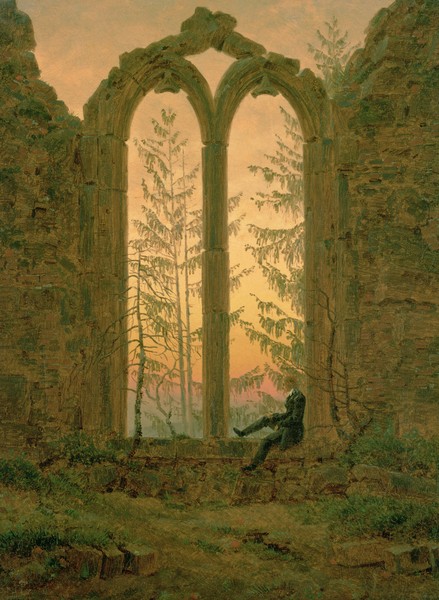 Caspar David Friedrich, Ruins of the Oybin Monastery (The Dreamer) 1835-40 (oil on canvas) (Ruine, Klosterruine, Fenterbogen, Wanderer, Träumer, Melancholie, Romantik, Malerei, Klassiker, Wohnzimmer, Wunschgröße, bunt)