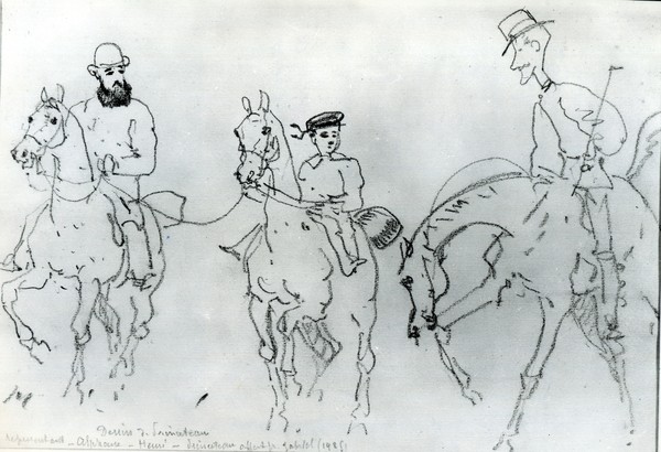 Rene Princeteau, Three Horsemen: Henri de Toulouse-Lautrec (1864-1901) between his Father, Count Alphonse, and the Artist (pencil on paper) (b/w photo) (Reiter, Männer, Junge, Pferde, Künstler, Zeichnung, Studie, witzig, Komisch, Treppenbhaus, Wohnzimmer,Wunschgröße, schwarz/weiß)
