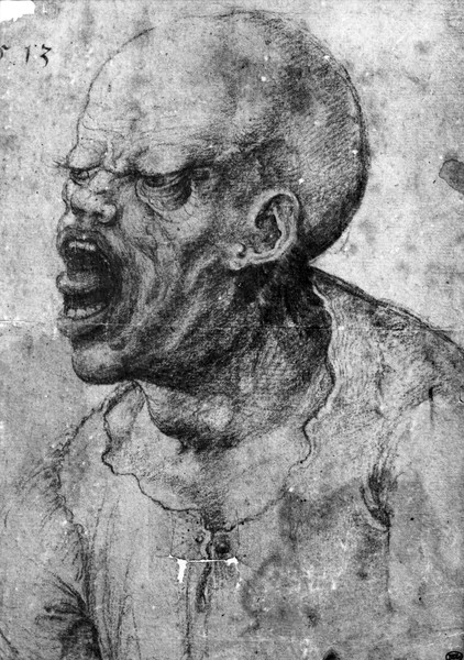 Leonardo da Vinci, Portrait of a Man Shouting (charcoal on paper) (b/w photo)