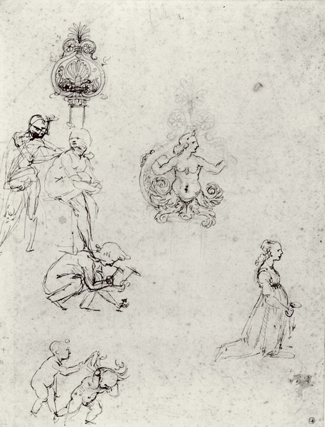 Leonardo da Vinci, Studies of Figues and Decorations, c.1480-82 (pen & ink and metal point)