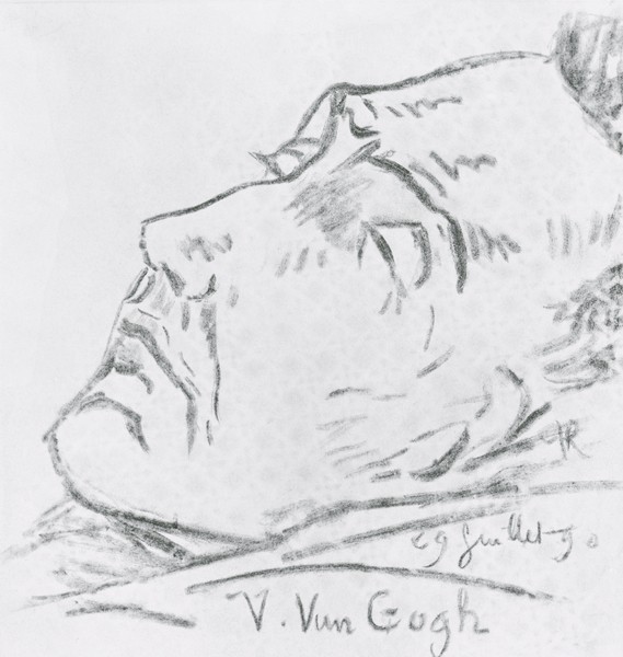 Paul Gachet, Portrait of Vincent Van Gogh (1853-90) on his deathbed, 29 July 1890 (charcoal on paper) (b/w photo) (Portrait, Vincent van Gogh, Totenbett, Zeichnung, Kohlezeichnung, Treppenhaus, Wohnzimmer, Wunschgröße, schwarz/weiß)