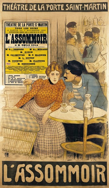 Théophile-Alexandre Steinlen, Poster advertising 'L'Assommoir' by M.M.W. Busnach and O. Gastineau at the Porte Saint-Martin Theatre, 1900 (coloured engraving) (Art Nouveau, Jugendstil, Plakat, Theater, Paat, Bar, Gastronomie, Nostalgie, Wohnzimmer, Treppenhaus, Wunschgröße, bunt)