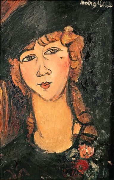 Amedeo Modigliani, Lolotte, 1917 (oil on canvas) (Portrait, Gesicht, Hut, Zopf, Frau,  Expressionismus, klassische Moderne, Malerei, Wohnzimmer, Treppenhaus, Wunschgröße, bunt)