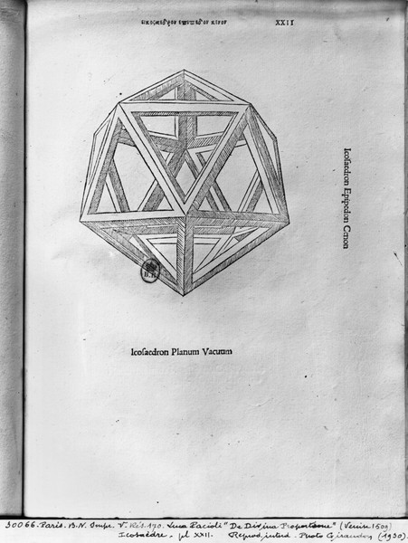 Leonardo da Vinci, Icosahedron, from 'De Divina Proportione' by Luca Pacioli, published 1509, Venice (engraving) (b/w photo)