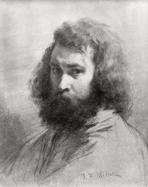 Jean-Francois Millet, Self Portrait, c.1845-46 (charcoal and pencil on paper) (b/w photo) (Portrait, Millet, Gesicht, Selbtportrait, Realismus, Malerei, Wohnzimmer, Zeichnung, Wunschgröße, bunt)