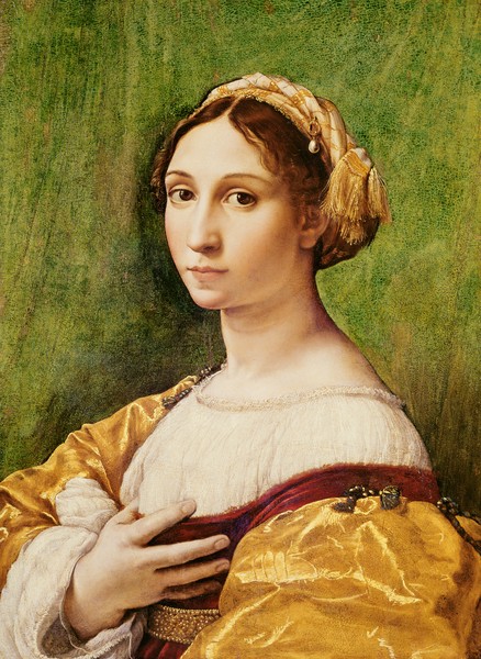 Raphael, Portrait of a Young Girl (tempera on panel) (Portait, junge Frau, Prunk, Seiden, Schönheit, Renaissance, Malerei, Klassiker, Wunschgröße, Wohnzimmer, bunt)