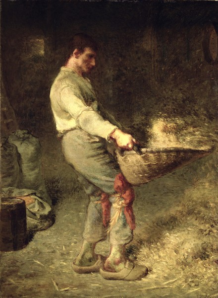 Jean-Francois Millet, A Winnower, 1866-68 (oil on canvas) (Bauerngenre, Landarbeit, Knecht, mühsam, anstrengend, Spreu von Weizen trennen, sieben, Realismus, Malerei, Wohnzimmer, Klassiker, Wunschgröße, bunt)