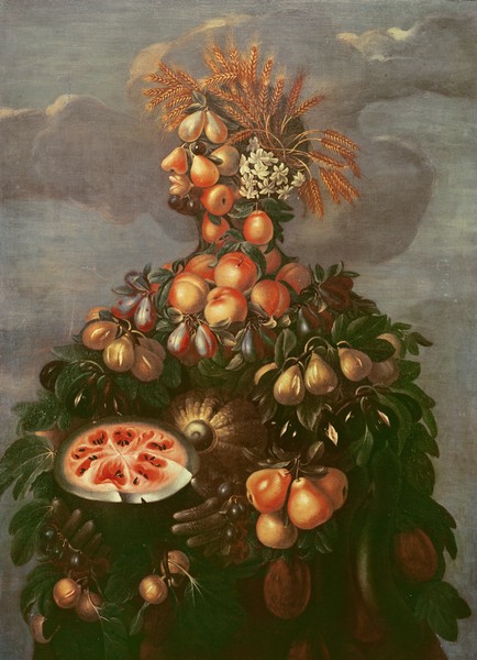 Giuseppe Arcimboldo, Summer (oil on canvas) (Wunschgröße, Gesicht, Portrait, Früchte, Gemüse, Ähren, Jahreszeit, Personifizierung, bizarr, Manierismus, Allegorie, Figurativ, Klassiker, Wohnzimmer, Esszimmer, bunt)