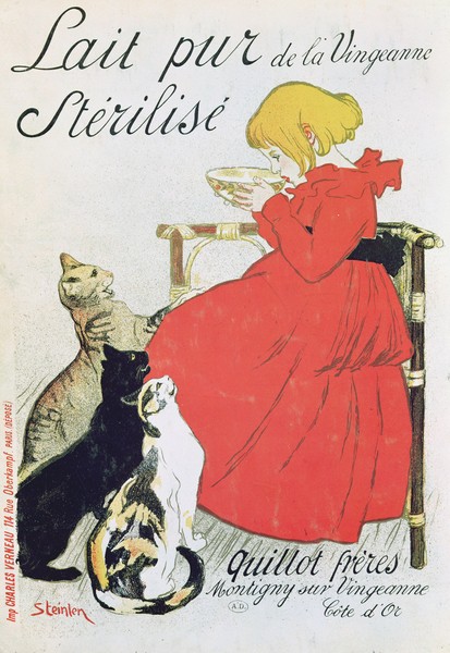 Théophile-Alexandre Steinlen, Poster advertising 'Pure Sterilised Milk from La Vingeanne' (colour litho) (Art Nouveau, Jugendstil, Plakat, Werbung, Milch, sterilisierte Misch, Katzen, Hunger, Kind, Küche, Esszimmer, Wohnzimmer, Malerei, Wunschgröße, bunt)