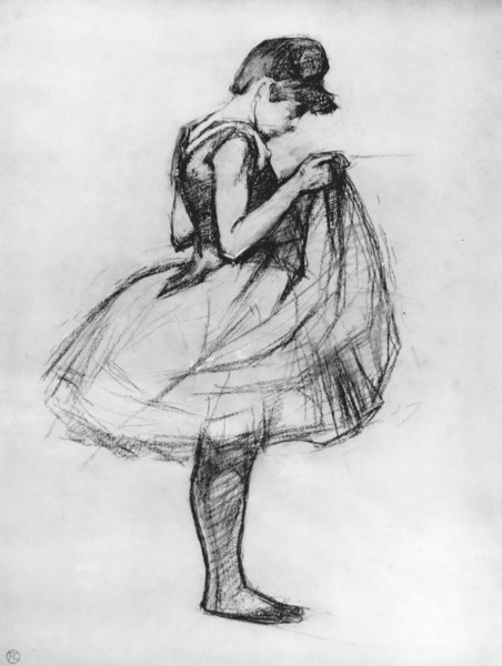 Henri de Toulouse-Lautrec, Dancer adjusting her costume and hitching up her skirt, 1889 (charcoal on paper)