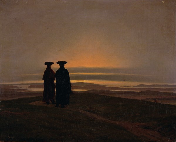 Caspar David Friedrich, Sunset (Brothers) c.1830-35 (oil on canvas) (Landschaften, Sonnenuntergang, zwei Männer, Beobachter, Seen, Romantik, Malerei, Klassiker, Wohnzimmer, Wunschgröße, bunt)
