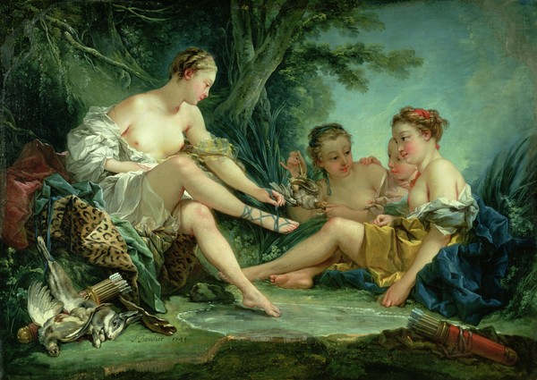 Francois Boucher, Diana after the Hunt, 1745 (oil on canvas) (Göttin, Mythologie, Diana, Jagd, Pfeile, Köcher, Akt, nackt, Erotik, Landschaft, Rokoko, Malerei, Klassiker, Wunschgröße, Wohnzimmer, Schlafzimmer, bunt)