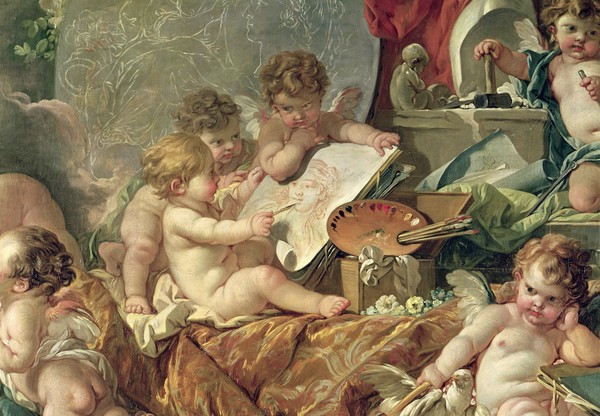 Francois Boucher, Genius Teaching the Arts, 1761 (oil on canvas) (detail) (Putten, Engel, Genius, die Künste, Malerei, Architektur, Bidhauerei, Kunstschule, Rokoko, Malerei, Klassiker, Wunschgröße, Wohnzimmer, Schlafzimmer, bunt)