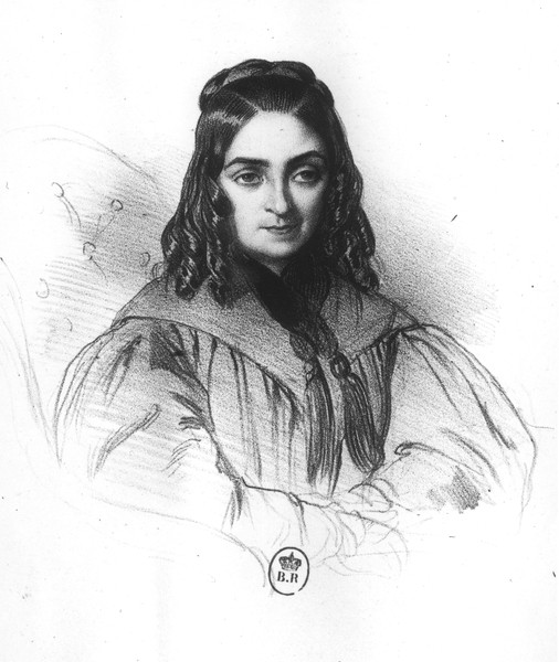 French School, Flora Tristan (1803-44) (litho) (b/w photo) (Portrait, Gesicht, Frau, Frauenrechtlerin, Sozialistin, Schriftstellerin, Persönlichkeiten, Grafik, Wunschgröße, Treppenhaus, Wohnzimmer, schwarz/weiß)