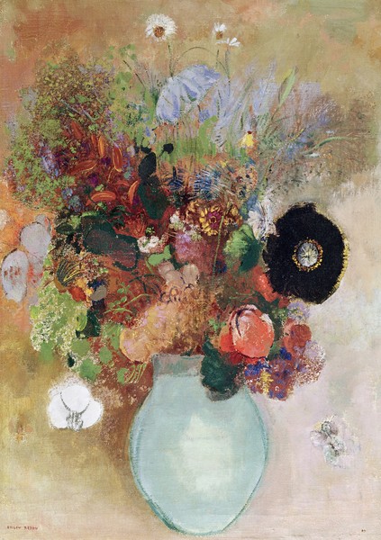 Odilon Redon, Flowers in a Green Vase, 1910 (oil on canvas) (Postimpressionismus, Stillleben, Blumenvase, Blüten, Blumen, Sommerblumen, floral, Klassiker, Malerei, Wohnzimmer, Esszimmer, Treppenhaus, Wunschgröße, bunt)
