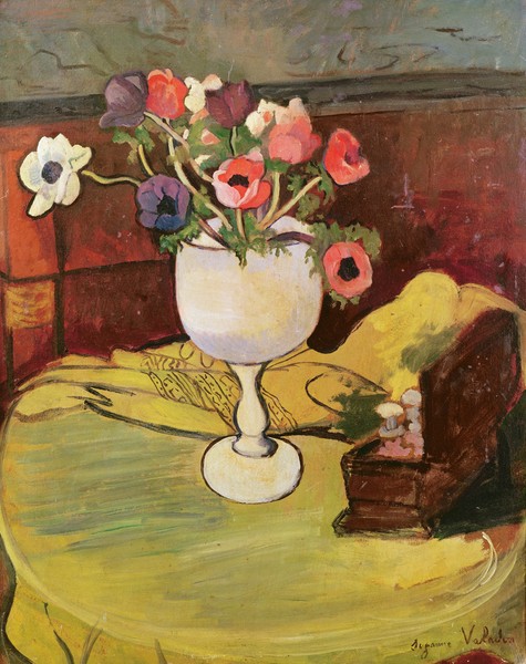 Marie Clementine Valadon, Vase of Flowers, Anemones in a White Glass (oil on canvas) (Stillleben, Blumenvase, Anemonen, Tisch, Klassische Moderne, Malerei, Wunschgröße, Esszimmer, Wohnzimmer, Treppenhaus, bunt)