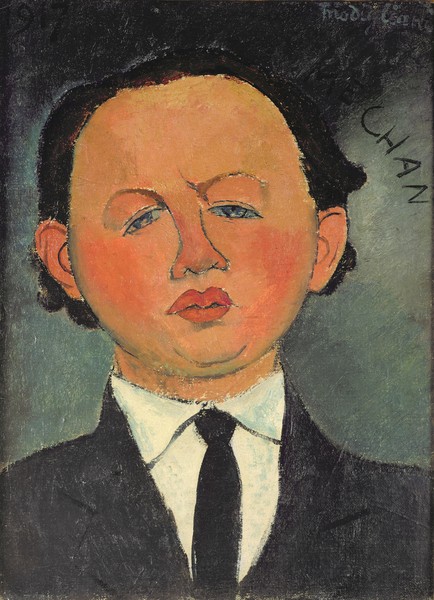 Amedeo Modigliani, Oscar Miestchaninoff (1886-1956) 1917 (oil on canvas) (Portrait, Gesicht, Mann, Mondgesicht, Anzug, Krawatte, Künstler, Skulpteur, Bildhauer, Expressionismus, klassische Moderne, Malerei, Wohnzimmer, Treppenhaus, Wunschgröße, bunt)