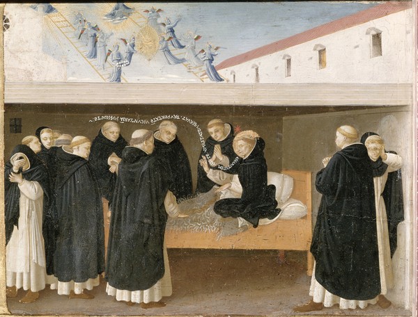 Fra Angelico, The Death of St. Dominic, from the predella panel of the Coronation of the Virgin, c.1430-32 (tempera on panel) (Heiliger Dominikus, Sterbebett, Tod,  Mönche, Altarbild, Wunschgröße,  Wohnzimmer, religiös, christlich, Frührenaissance, Wunschgröße, bunt)