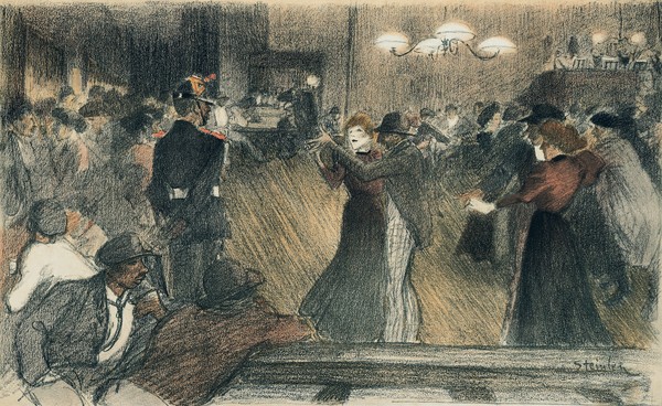 Théophile-Alexandre Steinlen, Ball at the Barriere (colour litho) (Art Nouveau, Jugendstil, Tanz, Tanzboden, Tanzlokal, Zuschauer, Spaß, Vergnügen, Klassengesellschaft, Ausgrenzung, Barriere, Abendszene, Wohnzimmer, Treppenhaus, Wunschgröße, bunt,)