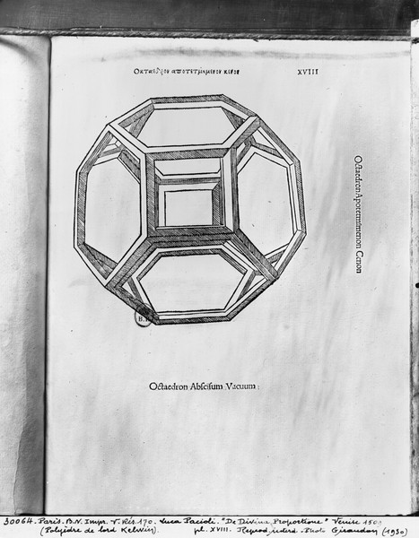 Leonardo da Vinci, Polyhedron, from 'De Divina Proportione' by Luca Pacioli, published 1509, Venice (engraving) (b/w photo)